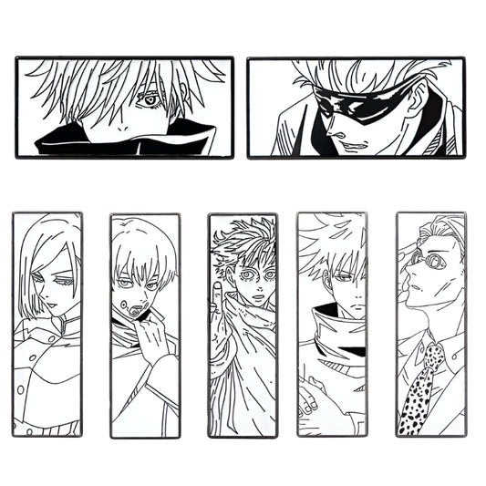 Jujutsu Kaisen Anime Brooch Set  Black & White Badge Collection Featuring Gojo, Nobara, Nanami, Yuta & More
