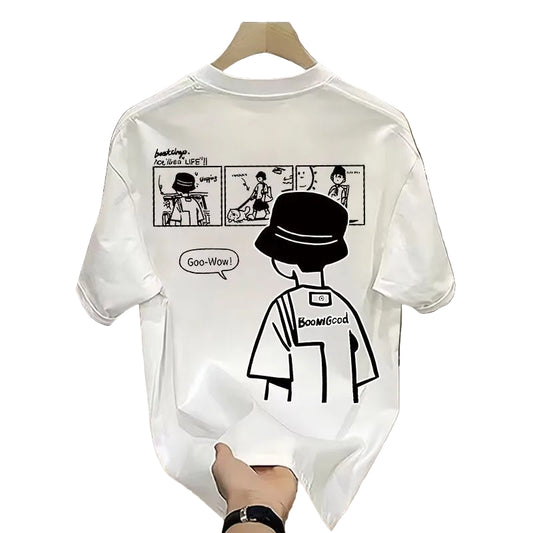 White t-shirt with black graphics on a hanger in a room setting