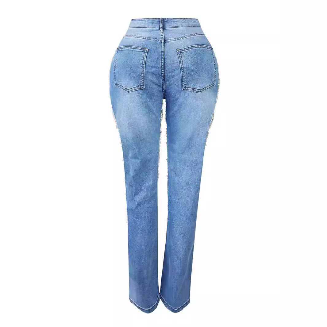 RIPPED HEAVY INDUSTRY BEADED BEADED STRETCH JEANS TROUSERS WOMEN'S JEANS