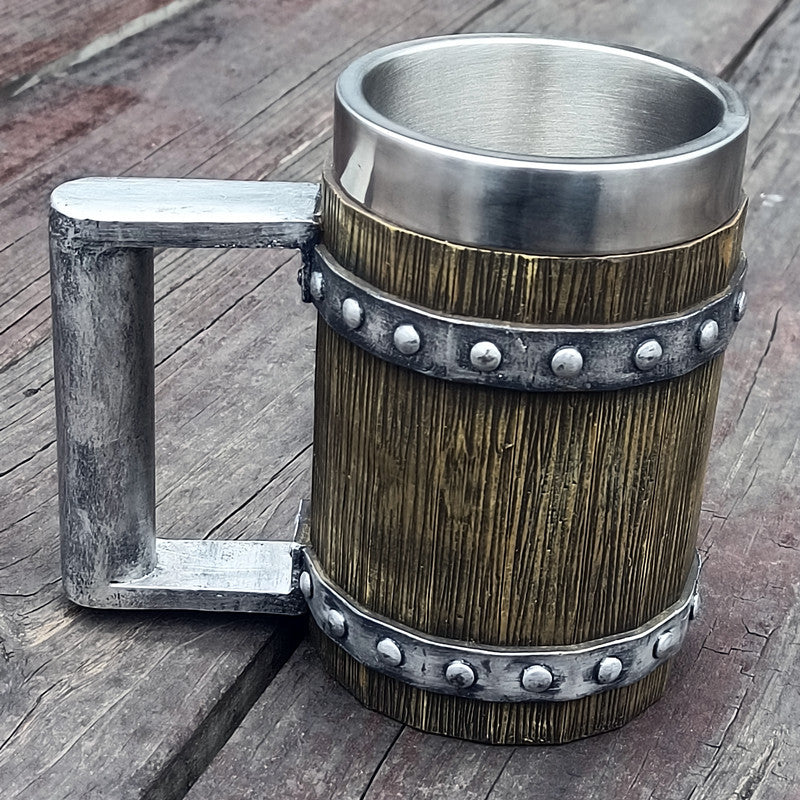 Cross-border new wooden barrel beer mug creative large capacity bar mug water cup personality imitation wood stainless steel mug