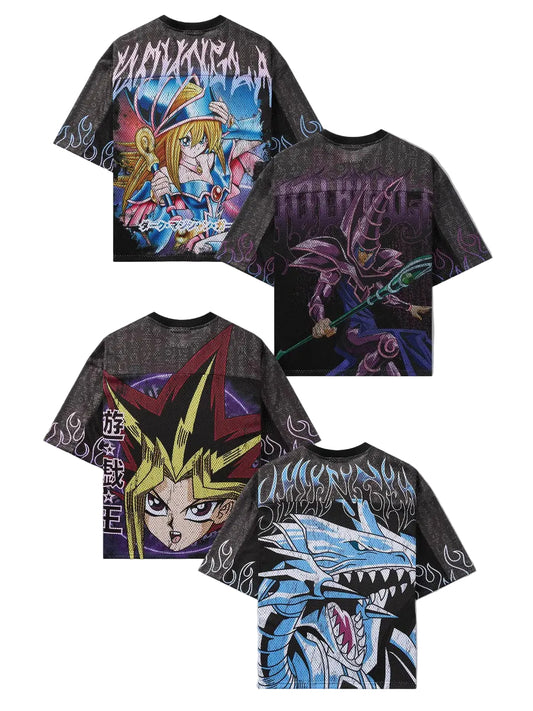 Four graphic t-shirts with anime-style designs on a gray background