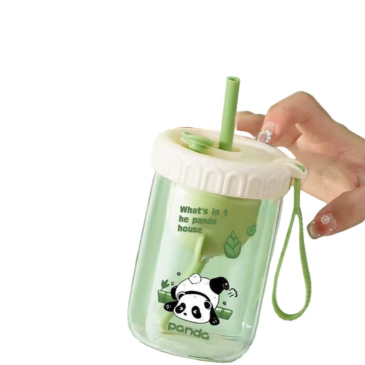 (2pcs) Glass Cup Set-Portable borosilicate water cup with lid straw cup tea drain cup.