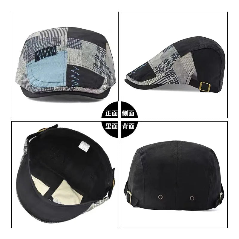 Cotton Beret Men Patchwork Checkered Hat