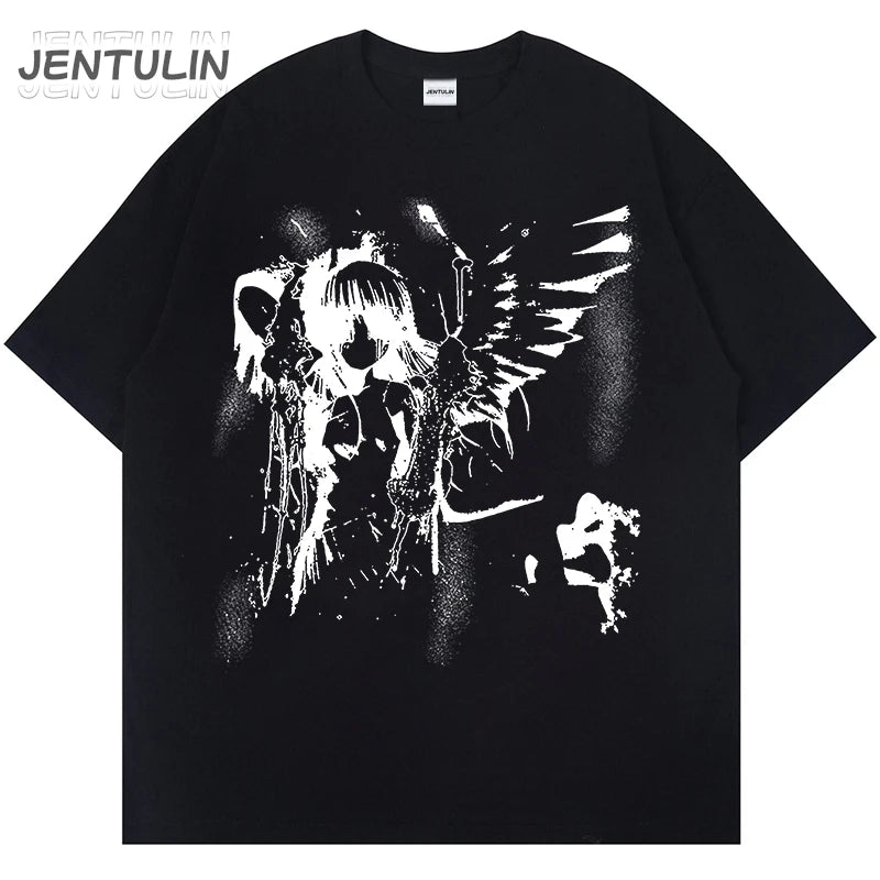 Harajuku Goth Men Japanese Anime Tshirt Angel Wings Graphic T-Shirt