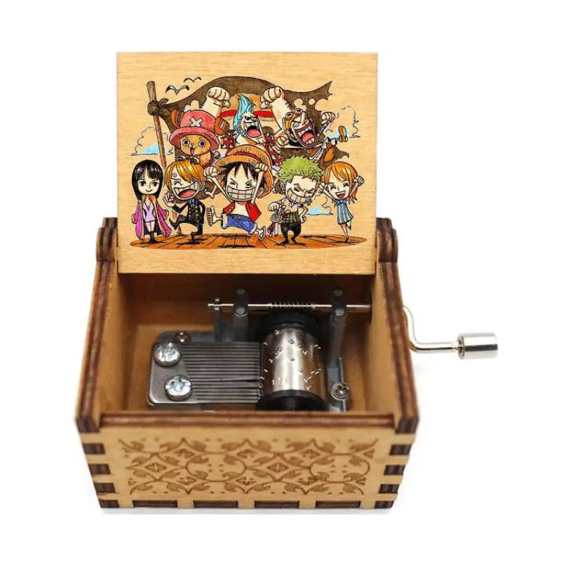 Wooden Music Box Anime One Piece Luffy Zoro Pattern Hand Cranked Home Decoration Carved Musical Box