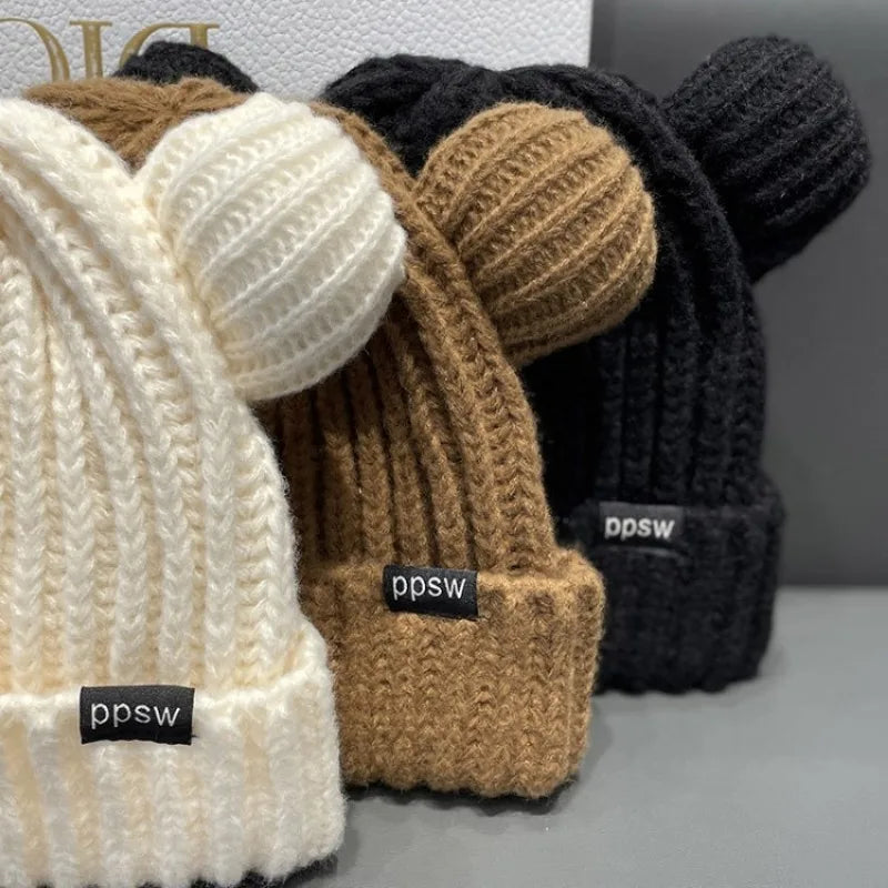 Cute Bear Ear Knitted Wool Hat Women Fashion Hooded