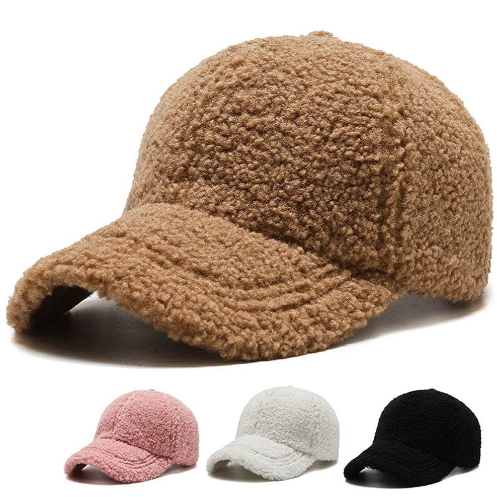 Winter Women Baseball Cap Men Artificial Lamb Wool Duck Tongue Hats Plush Thickened