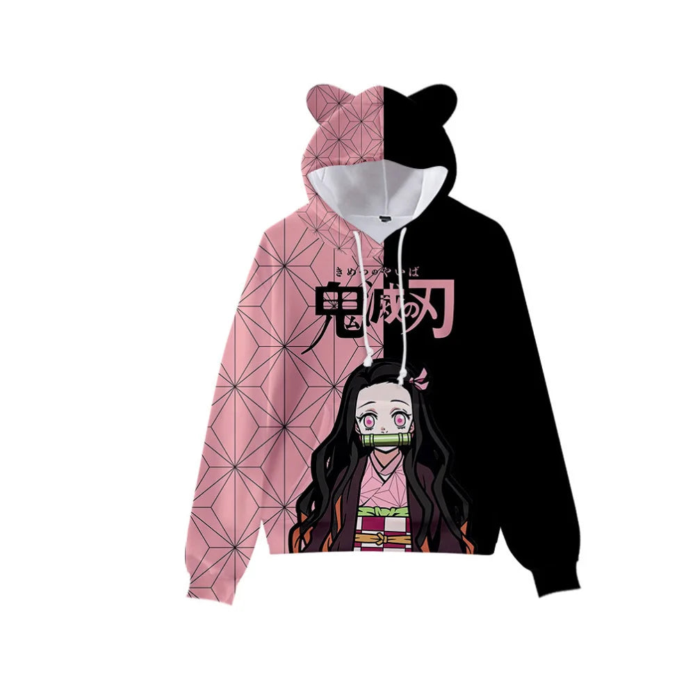 Japan Anime Demon Slayer Print Pullover Cute Cat Ears Hoodies