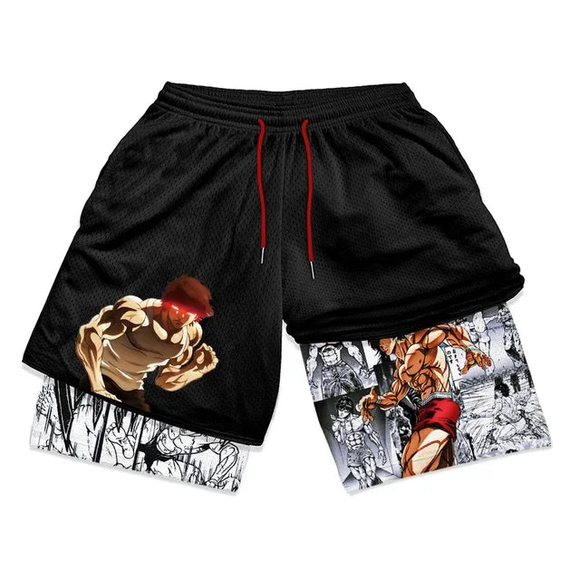 Baki Hanma Anime Gym Workout Shorts for Men Athletic 2 in 1 Compression Shorts Breathable Activewear Fitness Training Running