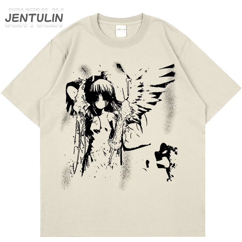 Harajuku Goth Men Japanese Anime Tshirt Angel Wings Graphic T-Shirt