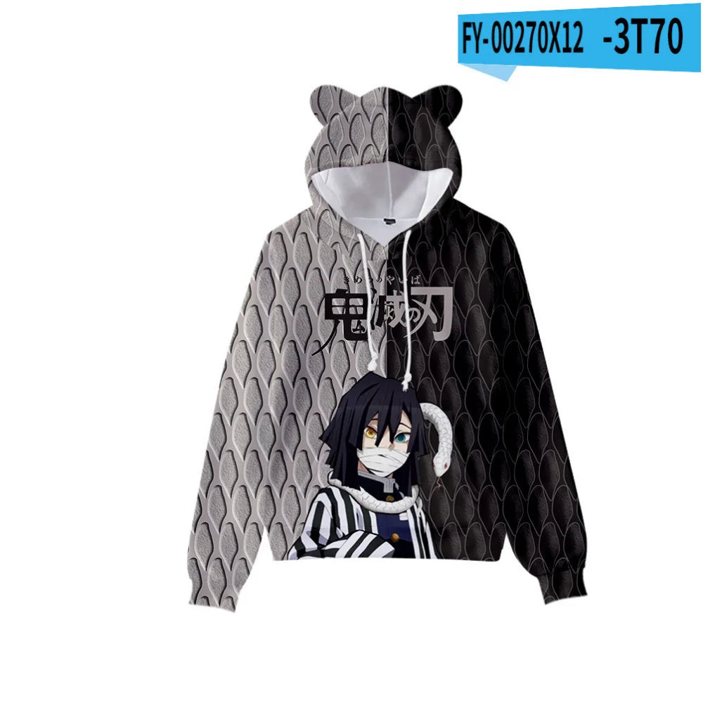 Japan Anime Demon Slayer Print Pullover Cute Cat Ears Hoodies