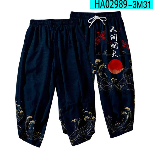 Anime Dragon Printed Black Men Japanese Harem Trousers Casual Elastic Waist Kimono Cropped Pants