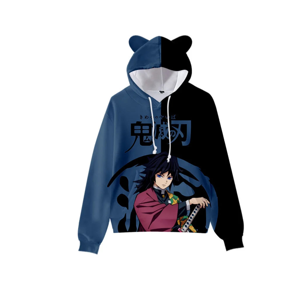 Japan Anime Demon Slayer Print Pullover Cute Cat Ears Hoodies