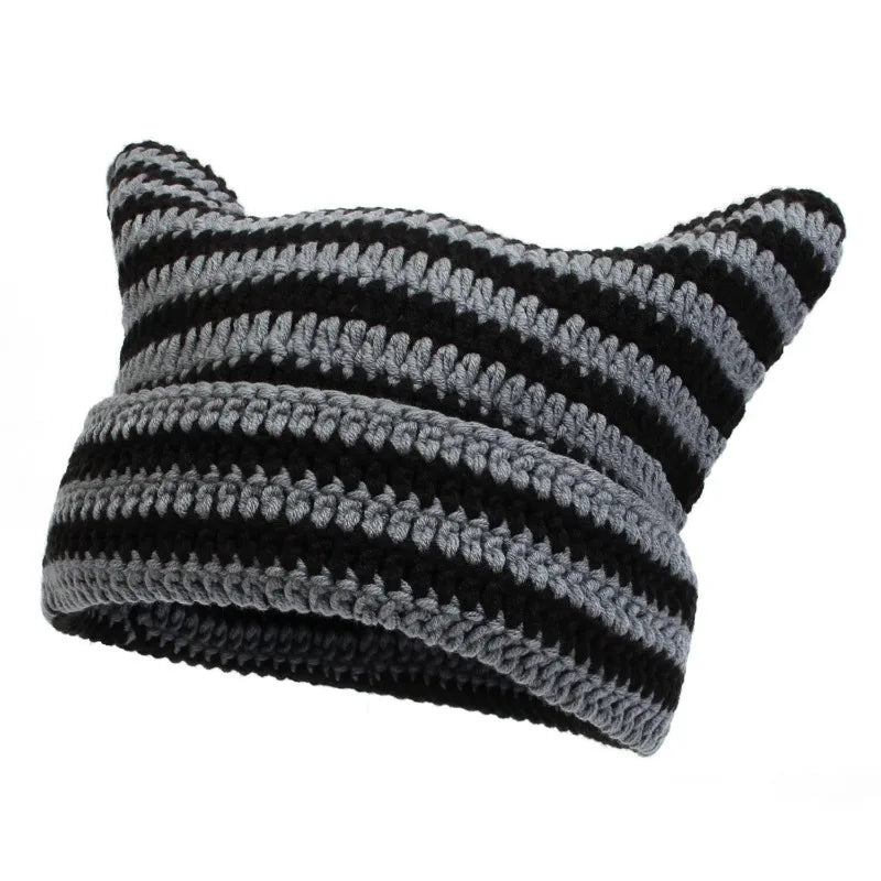 Japanese Beanie Hat for Women Little Devil Striped Knitted Wool Cap Autumn and Winter