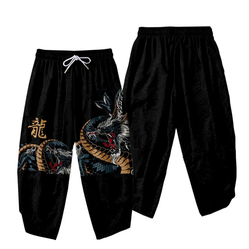 Anime Dragon Printed Black Men Japanese Harem Trousers Casual Elastic Waist Kimono Cropped Pants