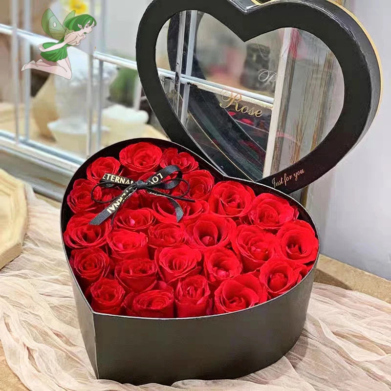 🌹 24pcs Artificial Rose Bouquet in Heart-Shaped Gift Box + "I Love You" Necklace