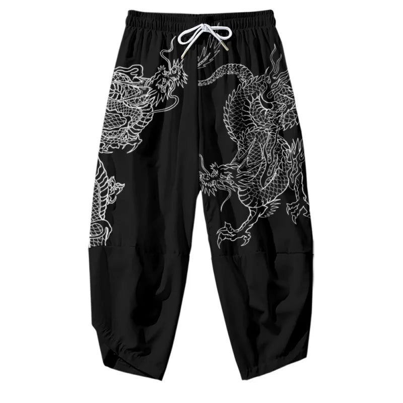 Anime Dragon Printed Black Men Japanese Harem Trousers Casual Elastic Waist Kimono Cropped Pants