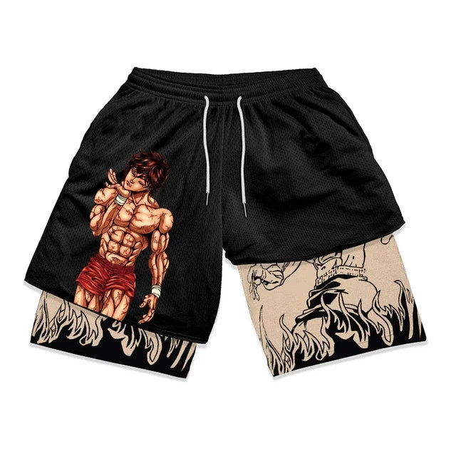 Baki Hanma Anime Gym Workout Shorts for Men Athletic 2 in 1 Compression Shorts Breathable Activewear Fitness Training Running