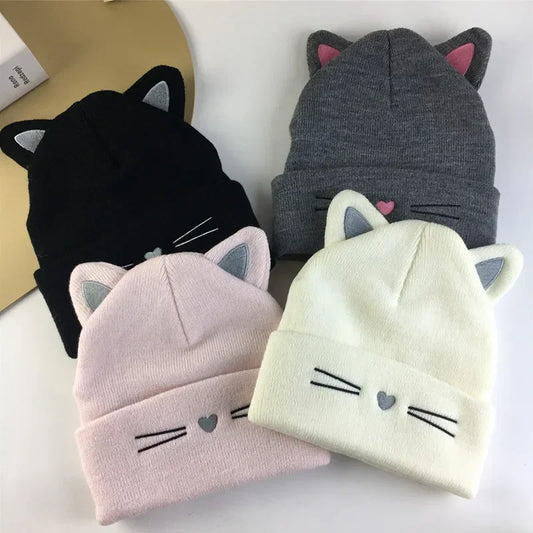 Cute Cat Embroidered Knitted Hat Outdoor Warm Ear Protection