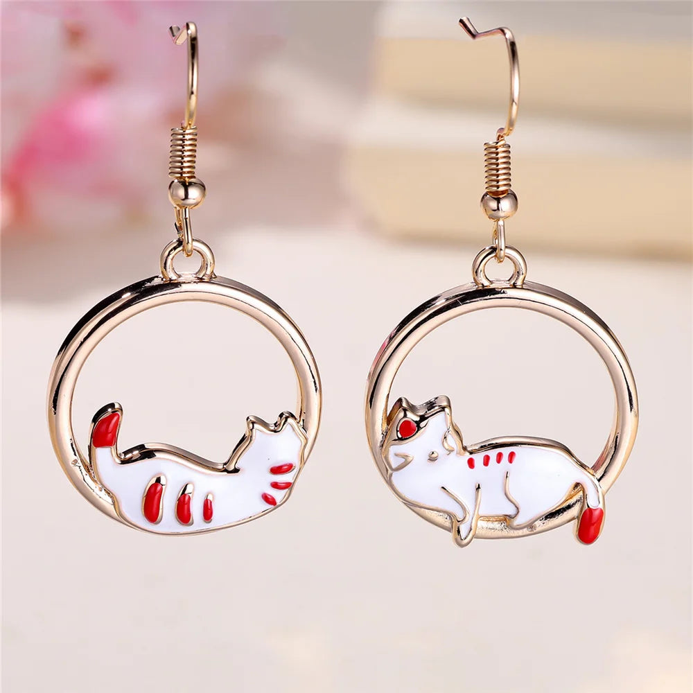 White Cat Round Metal Drop Dangle Earrings