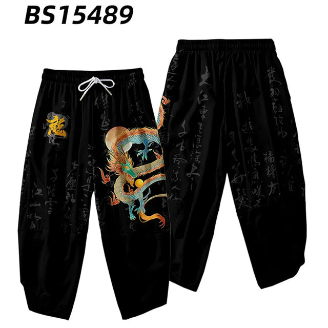 Anime Dragon Printed Black Men Japanese Harem Trousers Casual Elastic Waist Kimono Cropped Pants