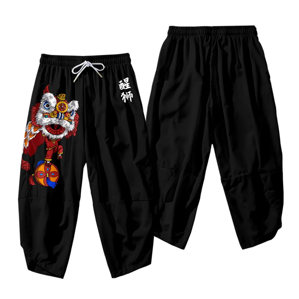 Anime Dragon Printed Black Men Japanese Harem Trousers Casual Elastic Waist Kimono Cropped Pants