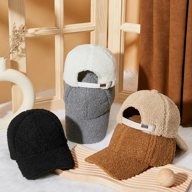 Winter Women Baseball Cap Men Artificial Lamb Wool Duck Tongue Hats Plush Thickened