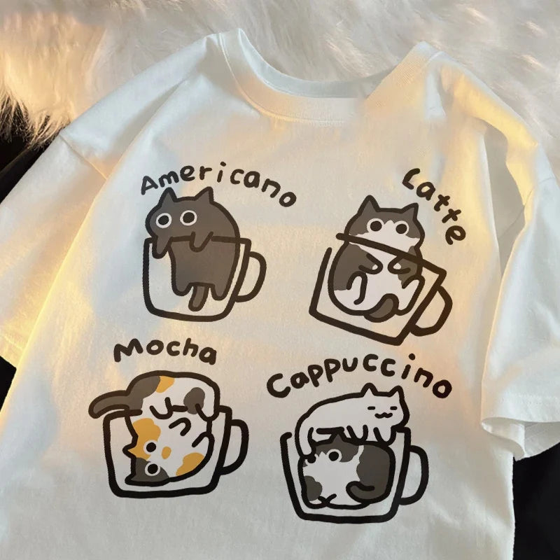 Harajuku Cat Coffee Pure Trendy Loose Short Sleeved T-shirt