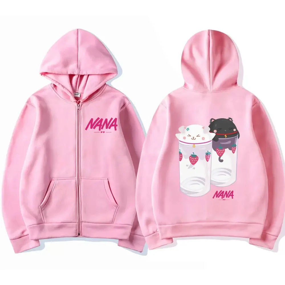 Nana Hachi - Strawberry Graphic Zip Up Hoodies Unisex Harajuku Anime Clothes