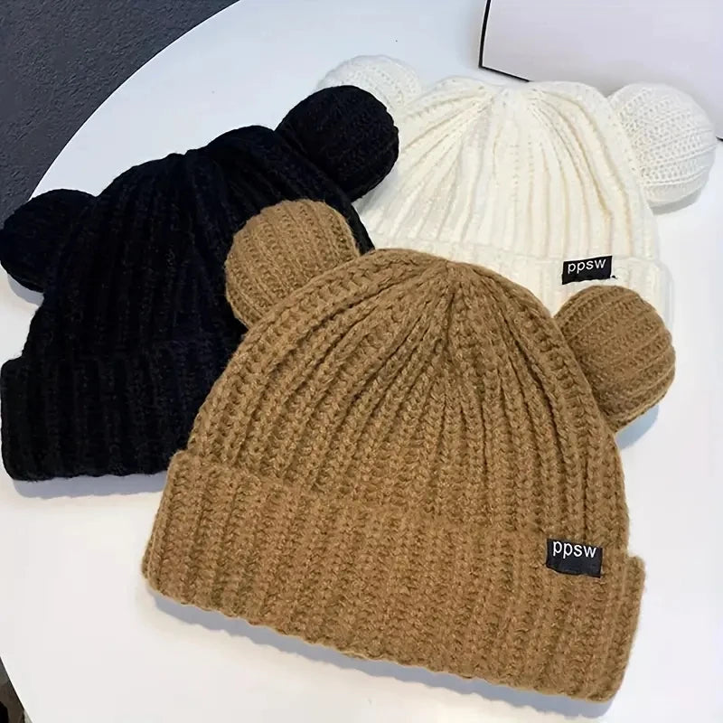 Cute Bear Ear Knitted Wool Hat Women Fashion Hooded