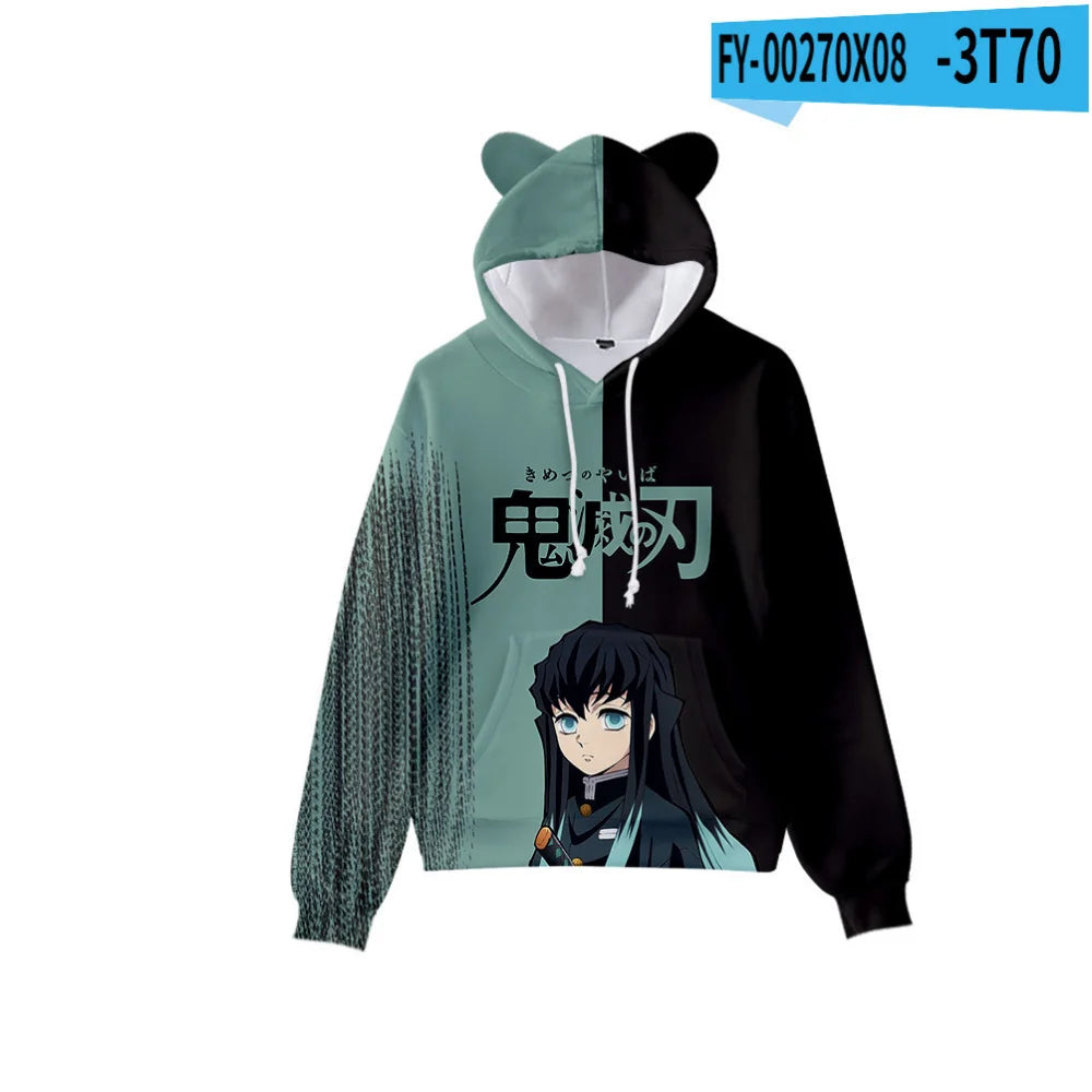 Japan Anime Demon Slayer Print Pullover Cute Cat Ears Hoodies