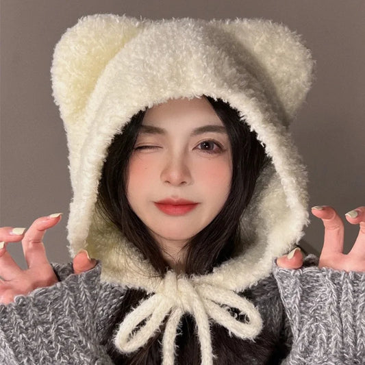 Plush Beanies Cute Bear Ear Wool Hat Warm Lace-up Ear Protection Knitted Bomber Cap