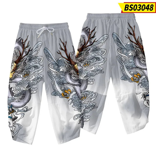 Anime Dragon Printed Black Men Japanese Harem Trousers Casual Elastic Waist Kimono Cropped Pants