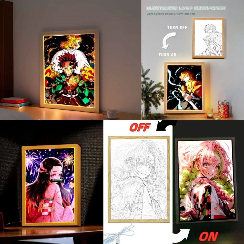 Anime Demon Slayer Light Painting Photo Frame Tanjirou Nezuko Led Night Light