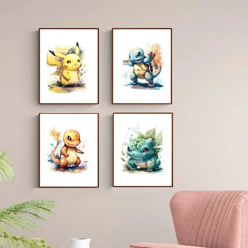 Anime Pokemon Canvas Painting Bulbasaur Charmander Squirtle Poster and Print Watercolor Wall Art