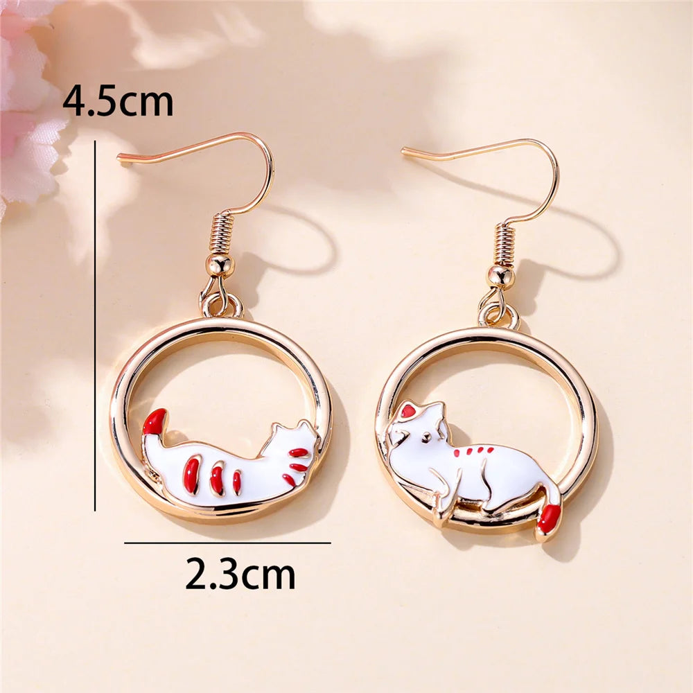 White Cat Round Metal Drop Dangle Earrings