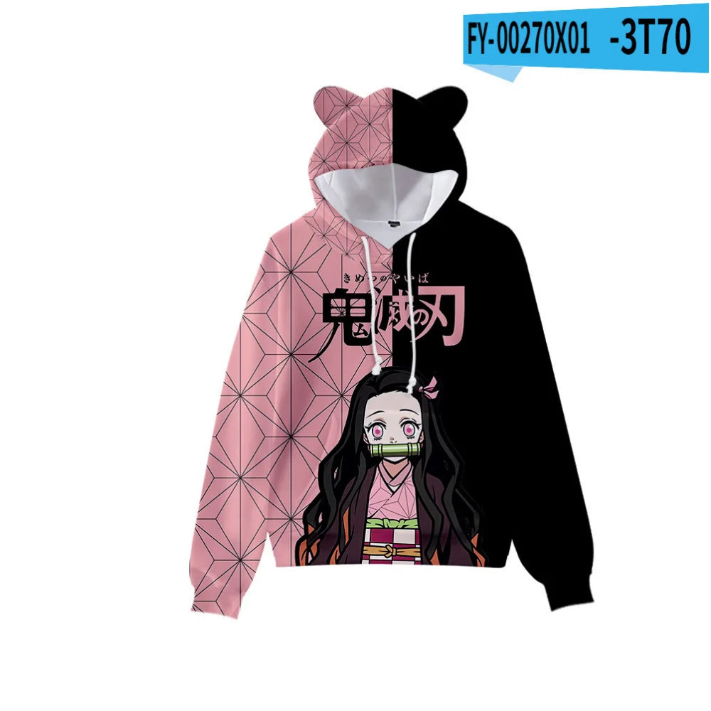 Japan Anime Demon Slayer Print Pullover Cute Cat Ears Hoodies