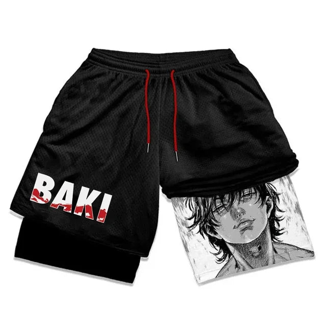 Baki Hanma Anime Gym Workout Shorts for Men Athletic 2 in 1 Compression Shorts Breathable Activewear Fitness Training Running