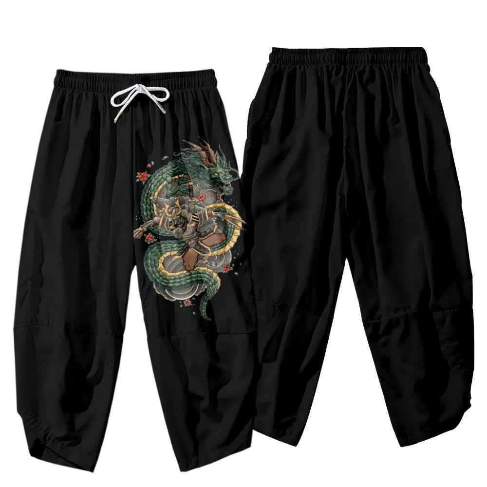 Anime Dragon Printed Black Men Japanese Harem Trousers Casual Elastic Waist Kimono Cropped Pants