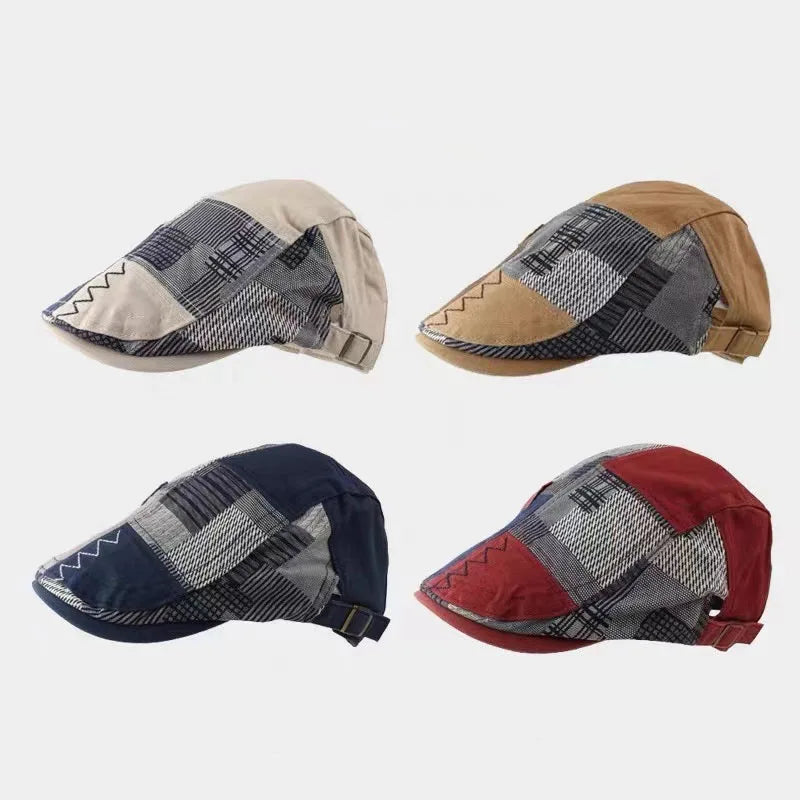 Cotton Beret Men Patchwork Checkered Hat