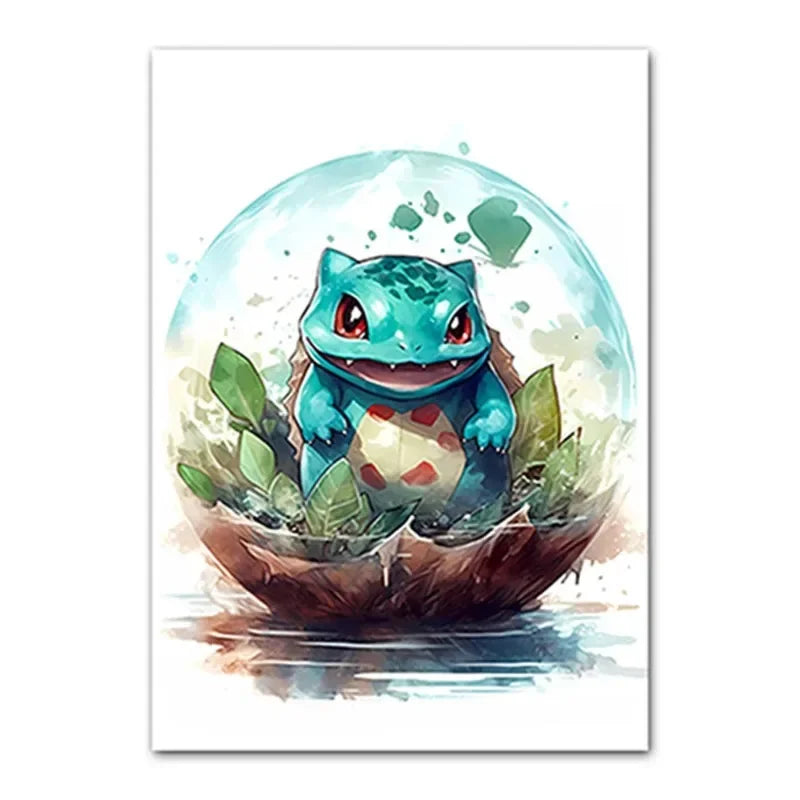 Anime Pokemon Canvas Painting Bulbasaur Charmander Squirtle Poster and Print Watercolor Wall Art