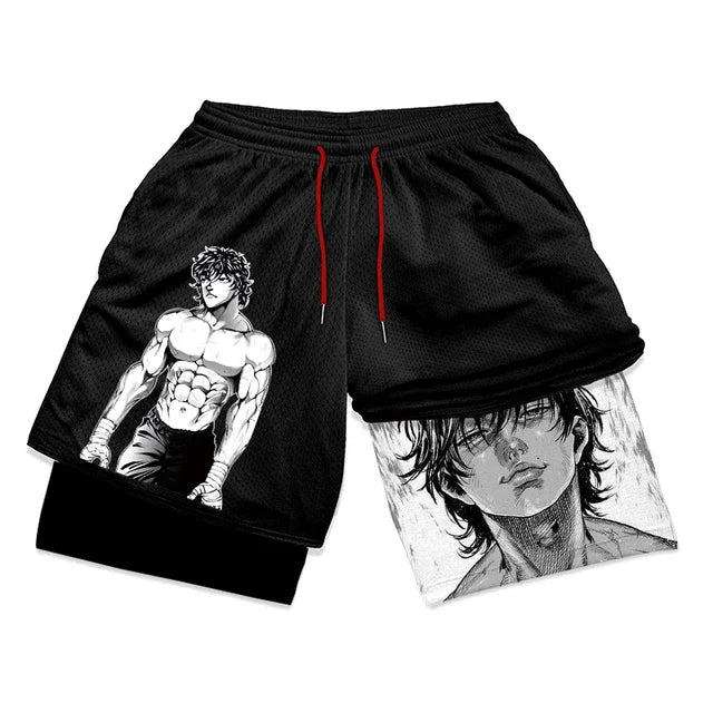 Baki Hanma Anime Gym Workout Shorts for Men Athletic 2 in 1 Compression Shorts Breathable Activewear Fitness Training Running