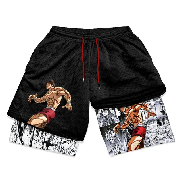 Baki Hanma Anime Gym Workout Shorts for Men Athletic 2 in 1 Compression Shorts Breathable Activewear Fitness Training Running