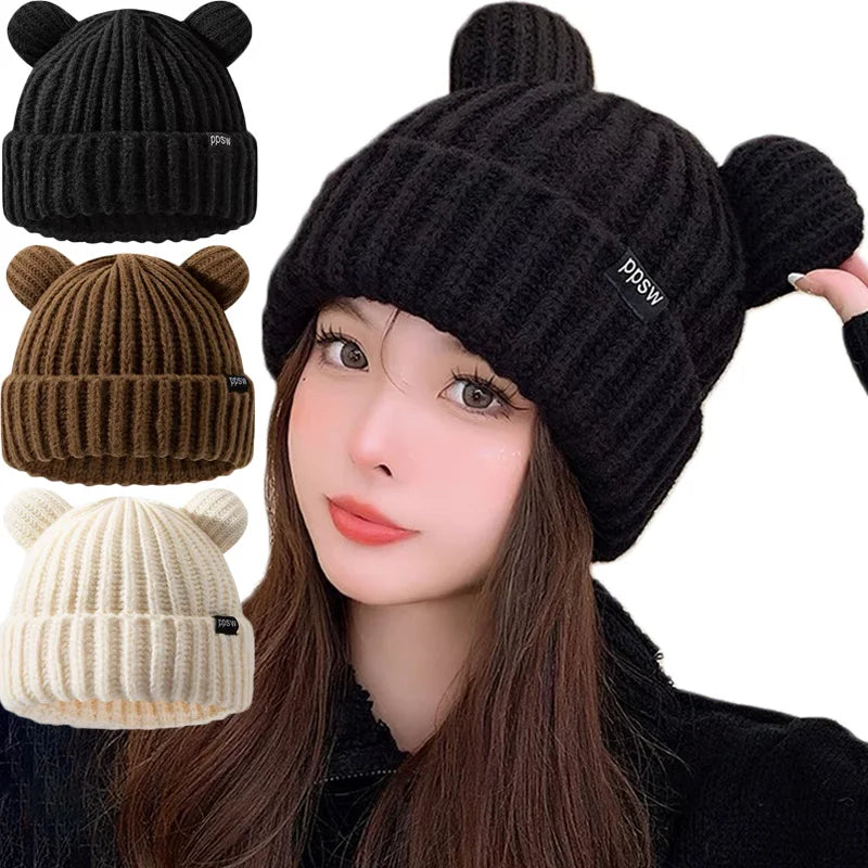 Cute Bear Ear Knitted Wool Hat Women Fashion Hooded