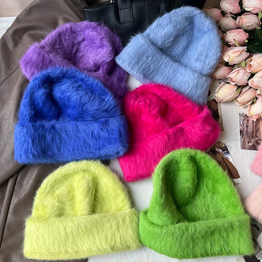 Fashion Fur Y2k Beanies Women Soft Warm Fluffy Angola Winter Knitted Hat