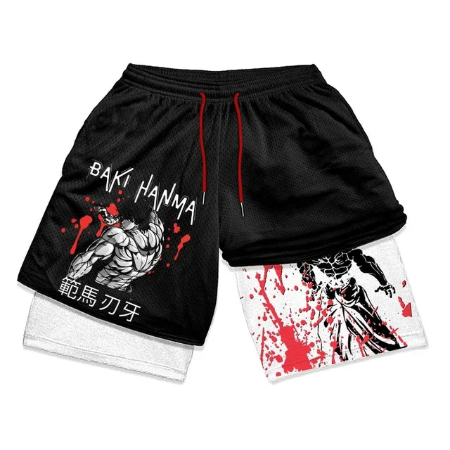 Baki Hanma Anime Gym Workout Shorts for Men Athletic 2 in 1 Compression Shorts Breathable Activewear Fitness Training Running