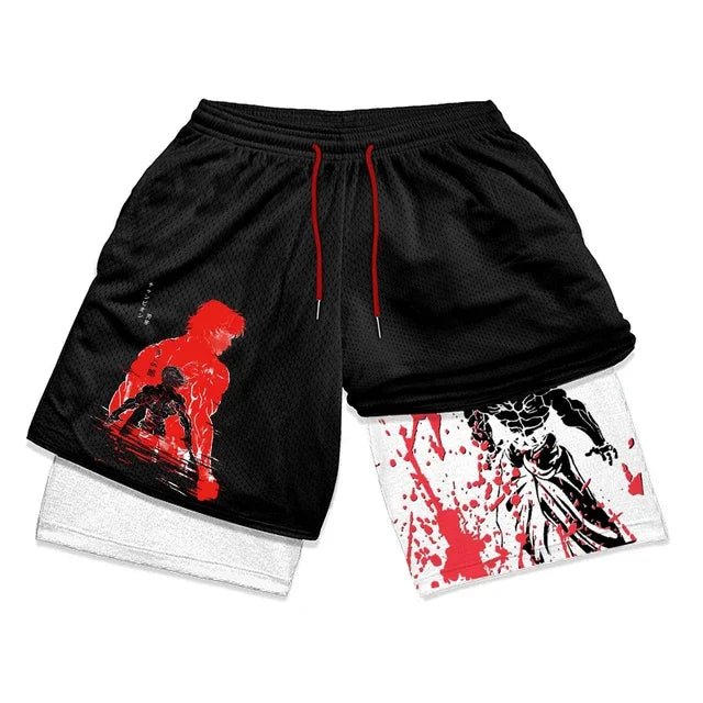 Baki Hanma Anime Gym Workout Shorts for Men Athletic 2 in 1 Compression Shorts Breathable Activewear Fitness Training Running