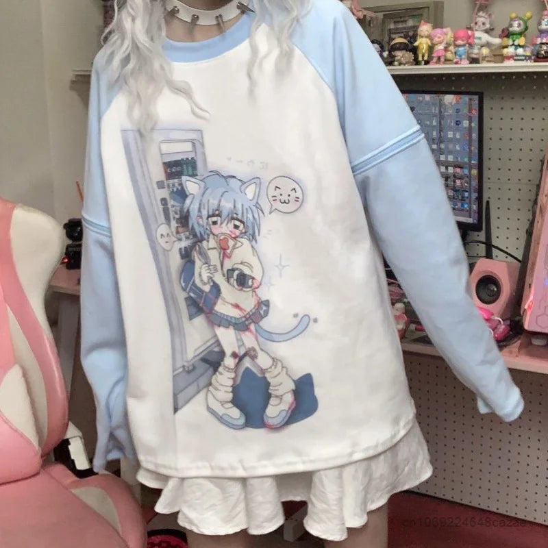 New Y2k Detachable Sleeve T-shirt Kawaii Clothes Anime Cat Print Tops Japanese Harajuku Tshirt E-girl Streetwear Loose Tee