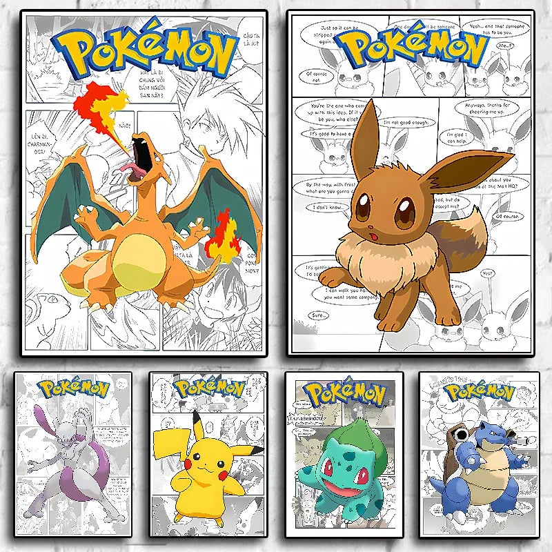 Pokemon Anime Figures Print Canvas Wall Art Posters Surrounding Charizard Bulbasaur Pikachu Decoration Interior Posters for Room