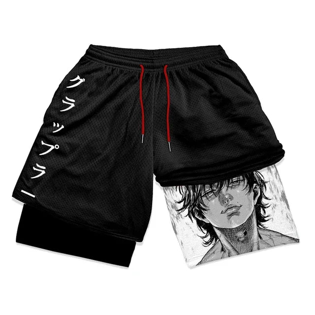 Baki Hanma Anime Gym Workout Shorts for Men Athletic 2 in 1 Compression Shorts Breathable Activewear Fitness Training Running